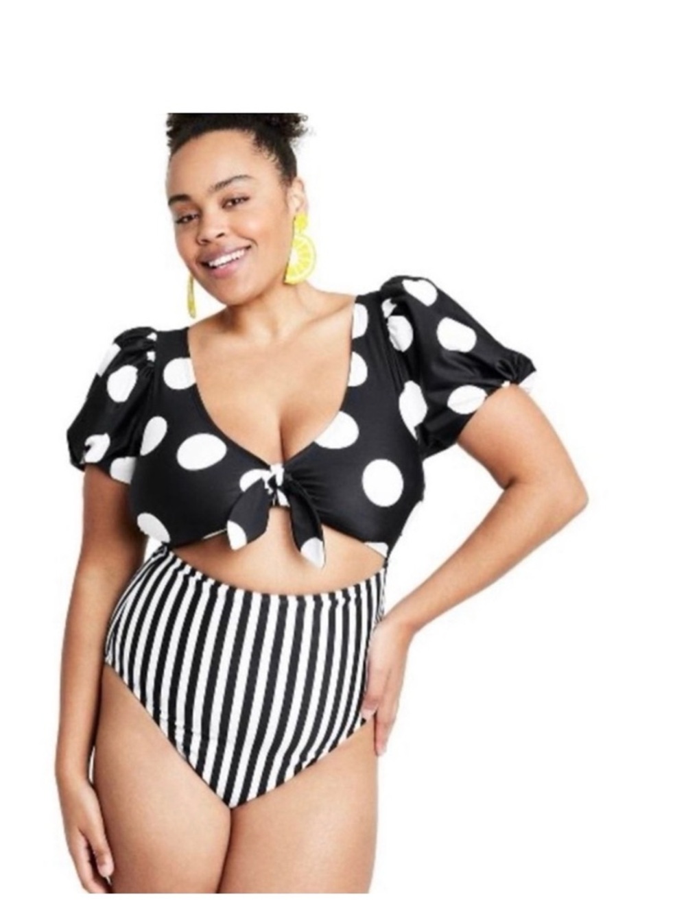 Tabitha Black & White Stripe Polka Dot Tie-Front Swimsuit Size 16W